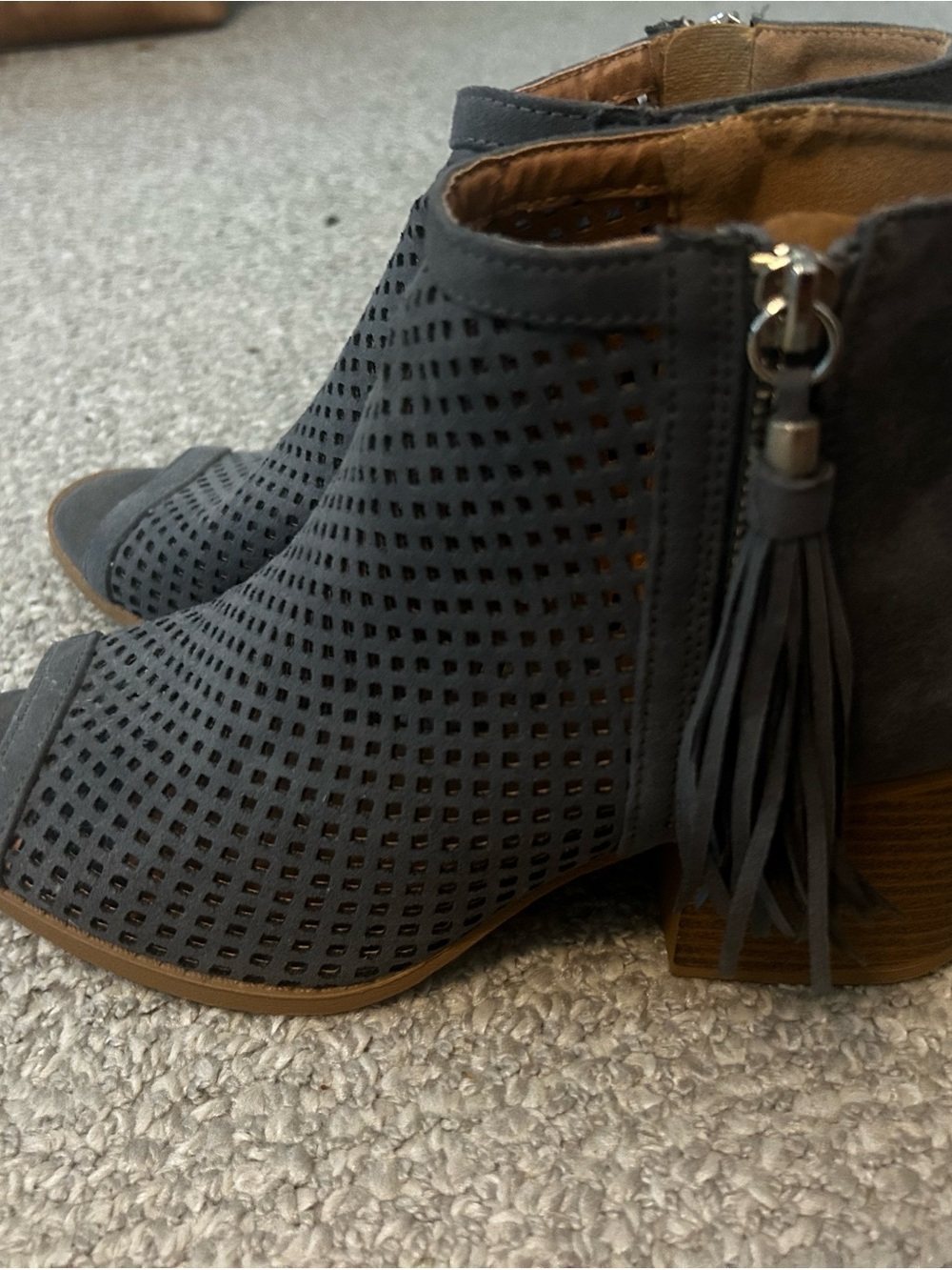 Qupid Gray Perforated Suede Peep-Toe Tassel Booties